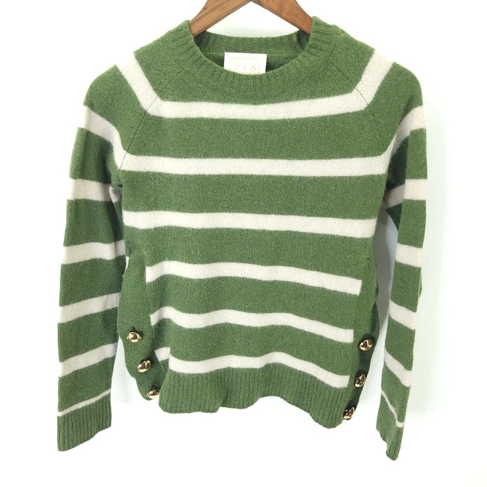 Sail to Sable STS Wool Green Stripe Button Seam Long Sleeve Sweater Size Small